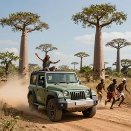 mahindra thar driving through madagascar with baobabs trees, tribe members chasing for an attach, action scene, an epic fantasy, artgerm and greg rutkowski and alphonse mucha, an epic fantasy, volumetric light, detailed, establishing shot, an epic fantasy, cinematic, photorealistic, trending on art station, octane render, midsommar