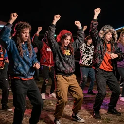a group of homeless people dancing to rave music,
