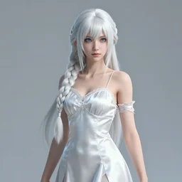 hyper - realistic + photorealistic render with very extreme intricate details, of a girl!!! wearing a elusive dress made of silk, blue + eyes and long + white + braided + hair!, in the style of final + fantasy + xv, 8 8 mm lens, medium wide shot, maya, cinema 4 d