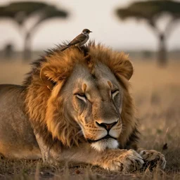 a full body shot, detailed photograph of a dreaming lion head, a little bird on the lion, beautiful low light, savana background, volumetric evening lights, photorealism, hasselblade shot, 4 5 mm, by franz lanting
