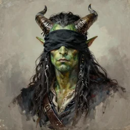 dnd head and shoulders portrait, green - skinned, blindfolded male tiefling, pirate, sickly, untrustworthy, horned, greasy long black hair, scrawny, by charlie bowater, lise deharme, wlop, trending on artstation, dungeons and dragon, dnd, pathfinder, fanart, oil on canvas