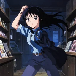anime visual, portrait of a young female traveler in a alchemist's shop interior, cute face by yoh yoshinari, katsura masakazu, studio lighting, dynamic pose, dynamic perspective, strong silhouette, anime cels, ilya kuvshinov, cel shaded, crisp and sharp, rounded eyes, moody, ( ( blue tones ) )