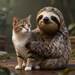hybrid animal of a cat and a sloth. atmospheric lighting. highly detailed digital concept art.