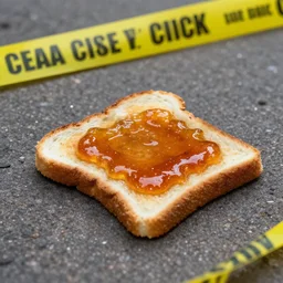 a crime scene where a dead toast lays on the ground covered in jelly