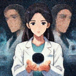 a beautiful female scientist holding a small black hole in her hands, anime art, symmetrical facial features, symmetrical proportions, illustration, style by jordan grimmer and greg rutkowski