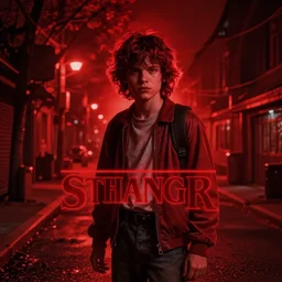 stranger things inspired wallpaper, red ambience, at night, creepy over the street in the background, dynamic lighting, photorealistic fantasy concept art, trending on art station, stunning visuals, creative, cinematic, ultra detailed