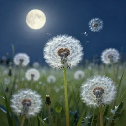 a field of dandelions under the bright moonlight, concept art, trending on artstation, wlop, ross draws, digital painting, mixed media, intricate details, volumetric lighting