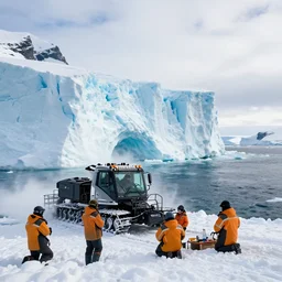 scientists in a snowcat witness a giant glacier calve into the ocean, hyperreal, national geographic style