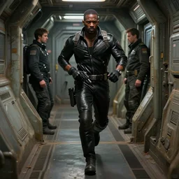 hyper - realistic grungy spaceship interior corridor, hyper - detail, an attractive athletic black man wearing a black leather jumpsuit, running, holds a blaster, anime. realistic shaded lighting by ilya kuvshinov giuseppe dangelico pino and michael garmash and rob rey, no signature, 8 k