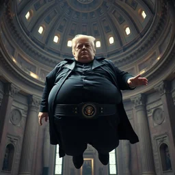 photograph of an obese donald trump, dressed as baron vladimir harkonnen from dune, using his anti gravity belt to float around the interior of the hagia sophia, cinematic, futuristic