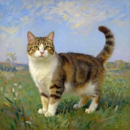 A painting of a cat under the sky in a field, by (Leonardo da Vinci, Ross Tran, Claude Monet, Norman Rockwell), Trending on Artstation