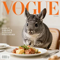 chinchilla wearing a suit, inspecting today's dinner. cover of vogue magazine