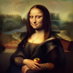 portrait of a long - haired woman with an apple sitting upon a table with heightened detail, poised, intense emotion, detailed facial expression, detailed surroundings, intricate, elegant, highly detailed, centered, digital painting, artstation, concept art, smooth, sharp focus, illustration, by ( leonardo da vinci ), wlop