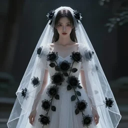 hight focus of a wonderful realistic focused sweet wonderful symmetrical centered mid portrait of a lonely woman with a detailed wonderful, majestic, large semi transparent white cotton dress ornate with semi transparent black cotton roses and semi transparent white veils, dramatic light, octane render, - 8 k