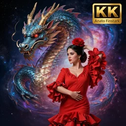 ( hyperrealist distant portrait of a dragon and a girl dressed as flamenco, in the background the universe. ) by anato finnstark, dynamic lighting, beautiful, trending on artstation, wallpaper, 4 k, award winning, digital art, very detailed faces