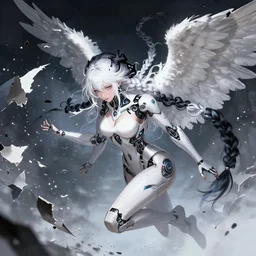 beautiful cinematic female cyborg angel falling apart in pieces, fantasy magic, white black fade braided hair, dark light night braided hair, highly intricate detailed, braided hair, advanced digital anime art, concept art, wlop and rossdraws and Sakimimichan