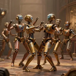 steampunk robots dancing by otto dix and greg rutkowski and andreas rocha, cinematic lighting, highly detailed, warm colours, 4 k