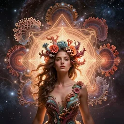 ridiculously beautiful young woman tripping, coral fractals radiating from head with sacred geometry, natural, galaxy background, symmetrical, in the style of ernst haeckel, effervescent, warm, photo realistic, epic and cinematic,