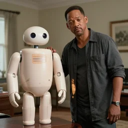 sad will smith and a plastic android in the room, photorealism, 8 k quality, full quality