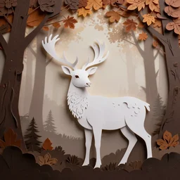a white deer with antler, in a forest, autumn, fantasy, morning light, mist, cinematic shot, high definition, detailed, paper cut style
