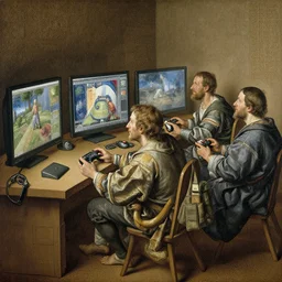 Men playing video games. Painting by Albrecht Dürer. Intricate details. hyper realism. Masterpiece.