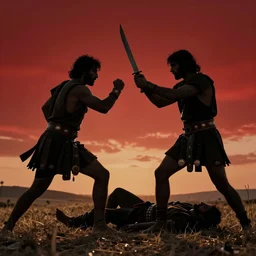 cinematic still of silhouettes of two Mediterranean skinned men fighting in ancient Canaanite clothing, murder, knife, death, middle eastern field background, red hues, epic