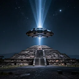 Alien ship landing on teotihuacan pyramids at night flashes of light epic cosmic background starry night realistic photograph