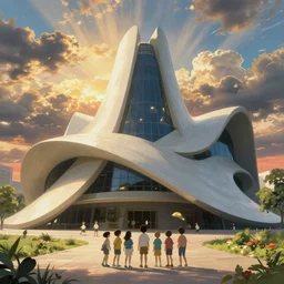 a zaha hadid building with kids in front in a studio ghibli landscape