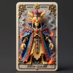 A beautiful detailed grotesque creature made of pasta super cute tarot card, by  tomasz alen kopera and Justin Gerard, symmetrical features, ominous, magical realism, texture, intricate, ornate, royally decorated, mechanic, skeleton, whirling smoke, embers, red adornements, blue torn fabric, radiant colors, fantasy, trending on artstation, volumetric lighting, micro details, 3d sculpture, ray tracing, 8k, anaglyph effect, digital art