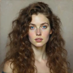 portrait of a 6 0 years old woman with long curly brown hair and blue eyes, beautiful painting by artgerm and greg rutkowski