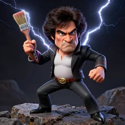 bob ross as a superhero, standing on rocky ground, angry expression, detailed face, lightning behind, dark background, holding a paintbrush, ultra - detailed, ultra - detailed, intricate, detailed shadows and textures, 8 k, action pose, beksinski