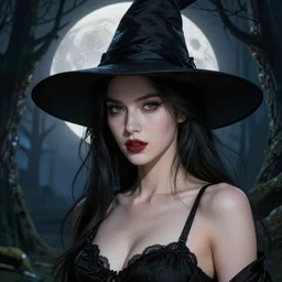 close - up portrait of a beautiful woman as witch in front of the full big moon in a fantasy forest, black bra, by james gurney, max liebermann, greg rutkowski, highly detailed digital art, artstation