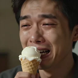 a man crying his eye's out, snot dribbling out of his nose, because his ice cream cone is tiny. photograph.