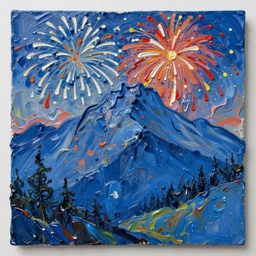 oil paint impasto relief, austrian blue mountain with fireworks, multi layered thick brush marks, some splattered paint, in the style of ivan shishkin and frank auerbach and van gogh and redon