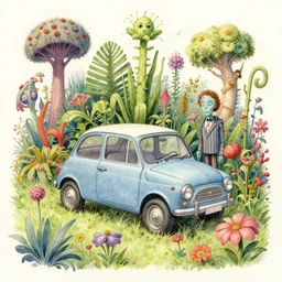 ultra detailed digital pencil and watercolors and illustration of the small car surrounded by unusual plants and flowers grow from below by wes anderson, tim burton, tomm moore, jean pierre jeunet ; 4 k 8 k hd high resolution ;