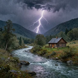 a river running past a cozy cabin in mountain side, heavy rain, lightning, dramatic, classic painting, award winning, highly detailed