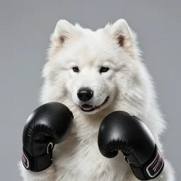 samoyed dog head on a human body as a muay thai kickboxer, gloves on hands, Wai Kru Ram Muay, Rajadamnern Stadium, world championship fight, photorealistic, cinematic lighting, 4k
