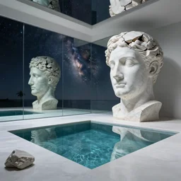 indoor liminal space, peter tarka, minimalistic, hyperrealistic surrealism, award winning masterpiece with incredible details, epic stunning, infinity pool mirrors, a surreal vaporwave liminal space with mirrors, highly detailed, trending on artstation, artgerm and greg rutkowski and alphonse mucha, daily deviation, iamag, broken giant marble head statue ruins, nightscape, milkyway