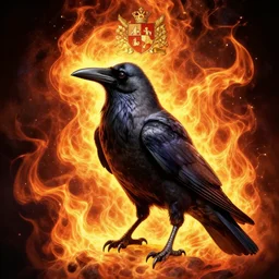 mythical crow with magical fire aura, full colour, family crest, coat of arms, very detailed, full frame, dramatic shading, jonathan pointer, janie penny,
