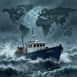 a boat lost in a strong storm, on an alien world, by tony sandoval.