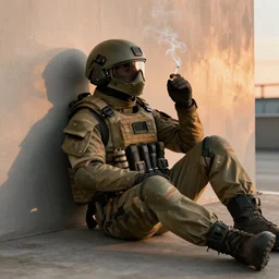 A soldier in a combat exoskeleton slumped against a wall watching the sunset while smoking a cigarette as a nuke explodes  in the background, 50mm lens, Pulitzer Prize Winner 2028, shot on a DSLR,
