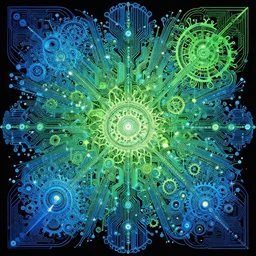 shades of blue and green forming art nouveau explosions, vivid colors, intricate, ornate, circuitry, gears, sparkle, extremely hyperdetailed, sharp focus