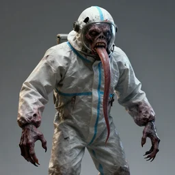 An huge zombie wearing an hazmat suit with broken helmet and a long tentacle tongue, concept art, hyperrealistic, artstation, creepy, unreal engine 8k, hdr, octane render