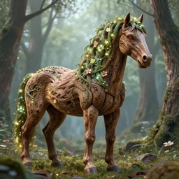 a stunning horse made of gnarled wood with a thick mane of bioluminescent vines and flowers running through the woods by greg rutkowski, high key lighting, volumetric light, digital art, highly detailed, fine detail, intricate, ornate, complex, octane render, unreal engine, photorealistic