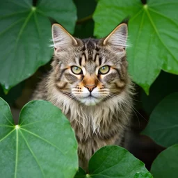 a maincoon cat among big green leaves, hyper realistic, very detailed, - 6