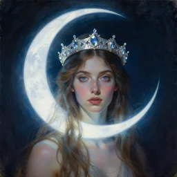Artemixel, the modern reincarnation of the old selenium god of hunt and moon, also known as Artemis the Selene, carrying the celebrated Crown of the Crescent Moon, wich its usual bright and slightly bluish crescent like the brightness of the night. Portrait by Frank Frazetta, oil on canvas