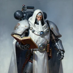 painting of a cloaked tech priest holding a book, cybernetic enhancements attached to his body, covered in wiring, Zdzislaw Beksinski, Lewis Jones, mattias adolfsson, Warhammer 40K!!, cold hue's, cold tone gradient background, concept art, digital painting