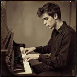 attractive male, playing piano, low - key lighting, vaporwave, daguerrotype