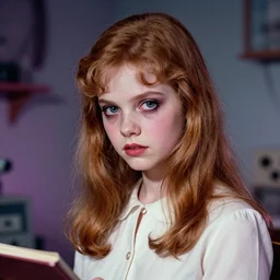 A vibrant and eerie science textbook illustration from the 1970s depicting a girl who is beautiful but creepy, with dark hair and haunted eyes