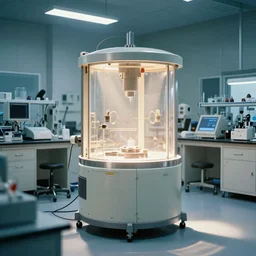 teleportation machine in a brightly lit laboratory, light shining from the machine and illuminating the scientific equipment by thomas kinkaid